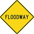 yellow diamond-shaped sign with black text, floodway
