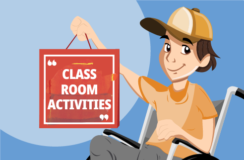 Animated image of boy holding sign saying classroom activities.