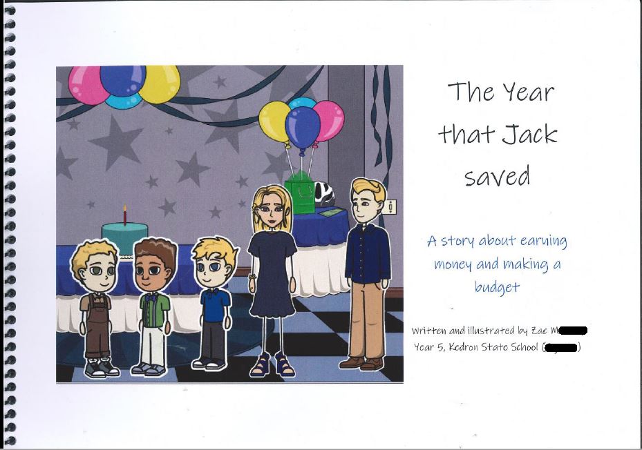 Cartoon of a birthday party with the title ‘The Year Jack saved: A story about earning money and making a budget’.