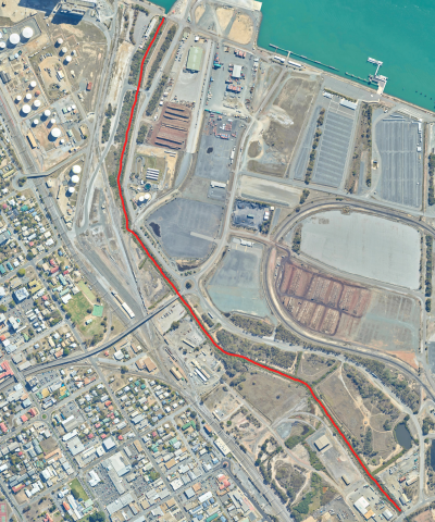Satellite view of Ship Creek with a red line indicating the creek.