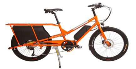 Side view of an orange E-cargo bike