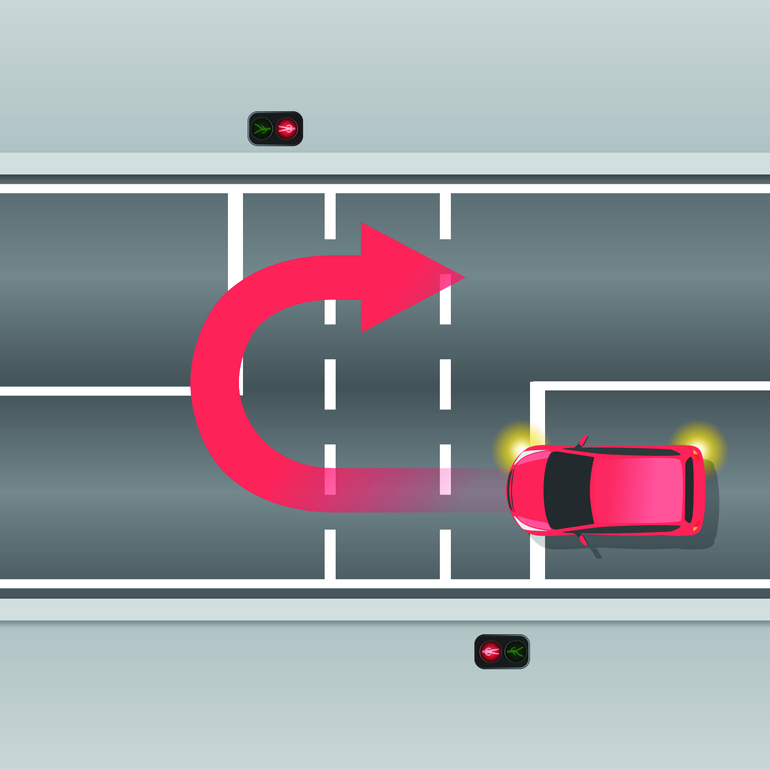 A car making a U-turn at a marked foot crossing, going back the same direction it came from