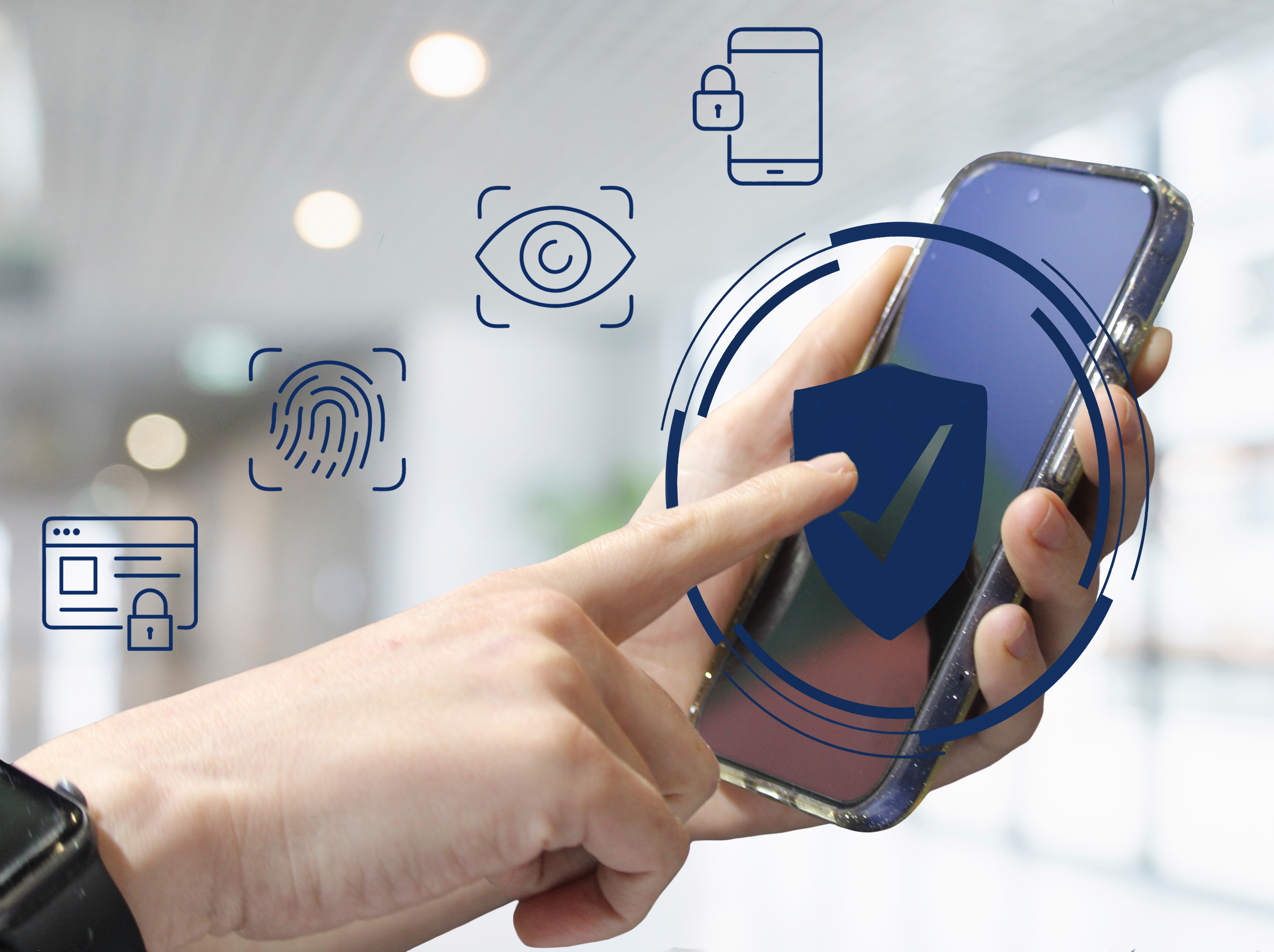 A hand tapping on a mobile phone with blue images of a shield with a tick on it, cartoon image of an identity card with a lock on it, a cartoon image of finger print, a cartoon eye with brackets and a cartoon mobile phone with a lock on it.