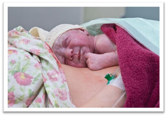 Newborn baby receiving skin to skin contact on their mother&rsquo;s chest and abdomen following birth.