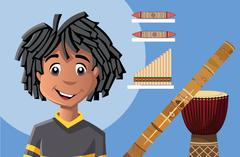 Animated image of a boy in front of musical instruments
