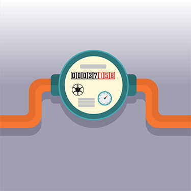 Cartoon image of a water meter with orange pipes coming out of the left and right of the meter body. The meter has a yellow face and there are numbers displayed to represent numbers on a real water meter