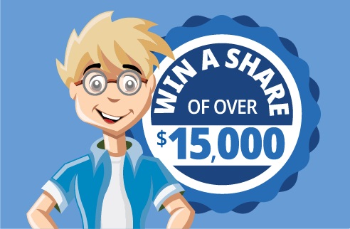 Animated boy in front of a sign saying win a share of over $15,000.