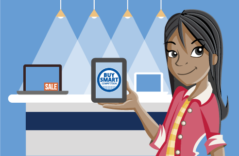 Animated image of a girl holding an ipad.