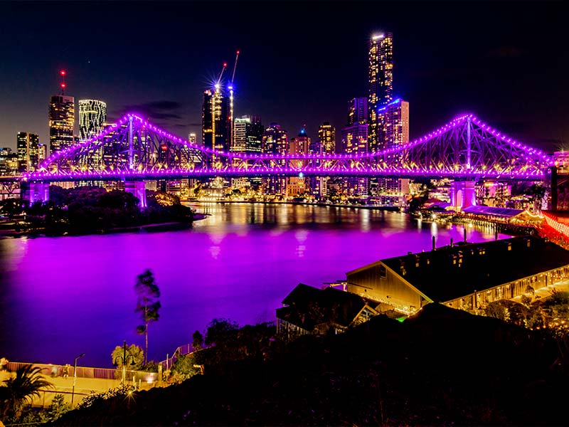 Brisbane&rsquo;s iconic Story Bridge lit in purple to mark the 70th anniversary of Queen Elizabeth&rsquo;s accession to the throne.