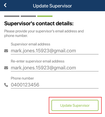 Edit supervisor screen with Update Supervisor button highlighted