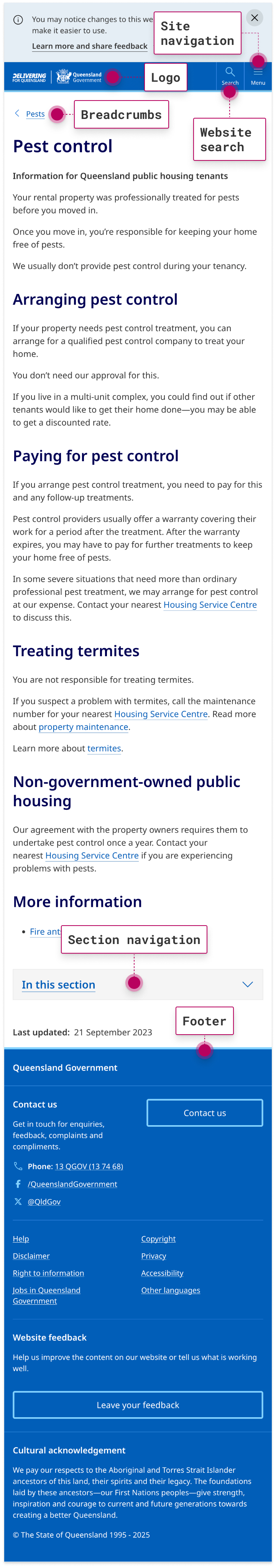 A screenshot of how a content page appears on a mobile device with the different sections identified, such as breadcrumbs, section navigation and the search function