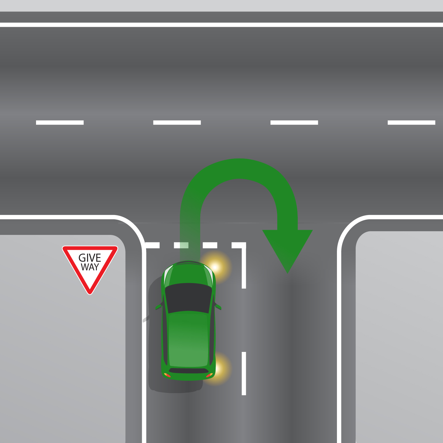 A car making a U-turn at a T-intersection, going back the same direction it came from