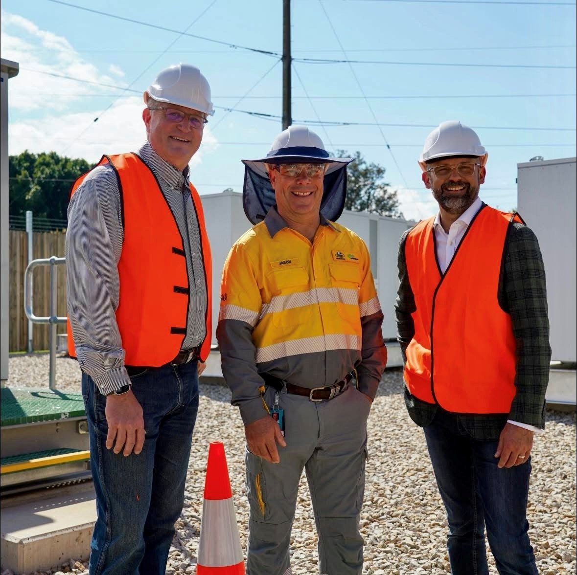 Member for Toowoomba North, Energy Queensland Acting Chief Engineer and the Treasurer inspect the newly completed network-connected battery at Emerald. Image courtesy of Energy Queensland.
    