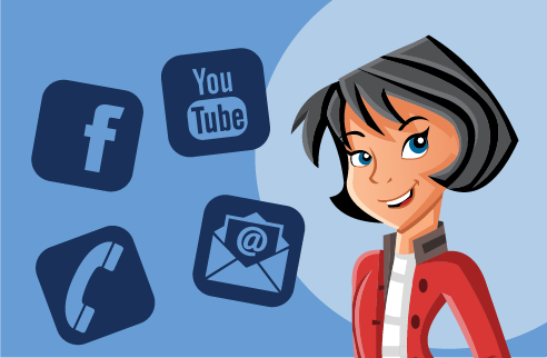 Animated girl with floating Facebook, YouTube, email, phone symbols.