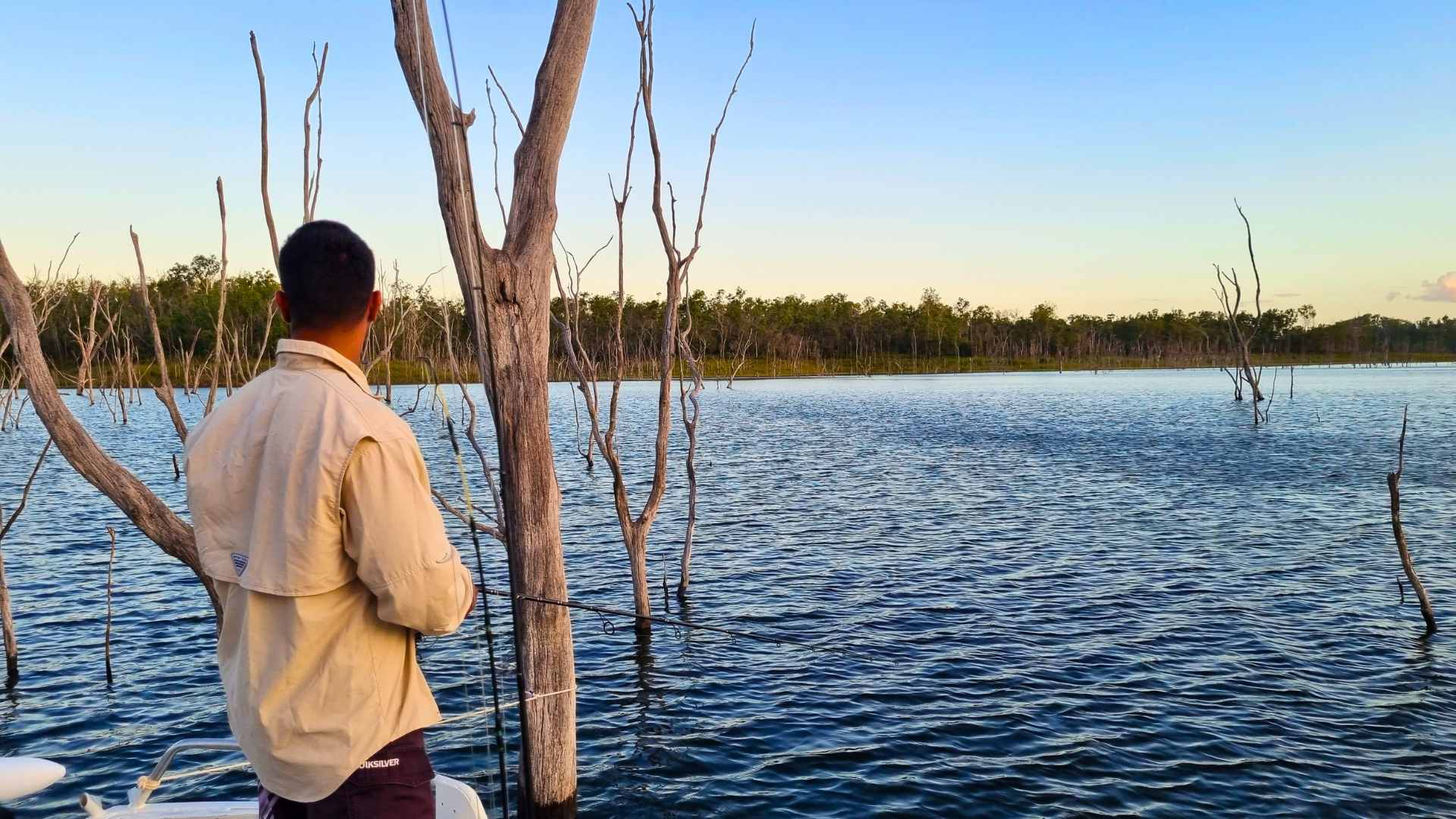 Angler fishing among drowned trees at Lake Monduran.