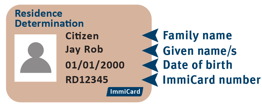 An example of the front of a Residence Determination ImmiCard, showing where to locate personal information