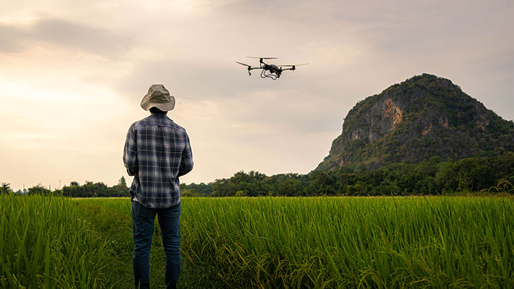 Farmer flying drone in green field with mountain in the background