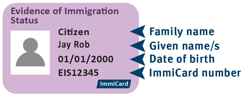An example of the front of a Evidence of Immigration Status ImmiCard, showing where to locate personal information
