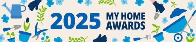 2025 My Home Awards banner showing blue and green gardening tools and plants .