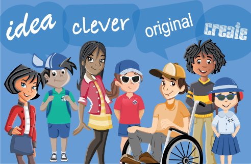 Animated group of kids under floating speech bubbles saying idea, clever, original, create.